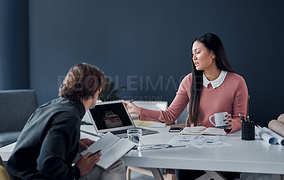 Buy stock photo Teamwork, architecture or discussion with laptop screen for planning, remodeling design and building ideas. Engineering, people and industrial project, plan layout and renovation strategy in office