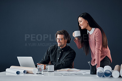 Buy stock photo Partnership, architecture or talking in office with laptop for planning, remodeling design and building ideas. Engineering, people or happy with research for project management and digital strategy