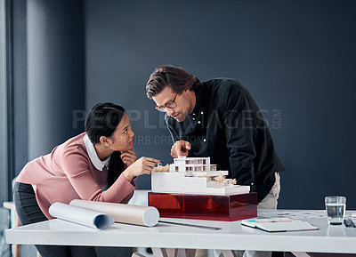 Buy stock photo Business people, model and architecture with conversation, planning for project design and ideas. Staff, engineering team and coworkers with cooperation or meeting for industrial development and talk