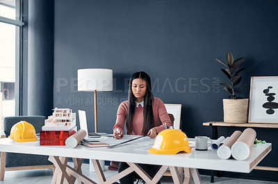 Buy stock photo Architect, woman and drawing on blueprint in office for interior layout, floor plan or remodeling project. Engineering, professional employee and paperwork for real estate development and renovation