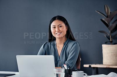 Buy stock photo Happy, laptop and portrait of business Asian woman for working on proposal, online project and planning. Creative office, professional consultant and person on computer for research, website or email