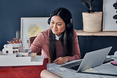 Buy stock photo Architect, woman and headphones with model in office for construction, thinking and music for inspiration. Person, property developer and audio streaming with idea, vision or smile at job in Jakarta