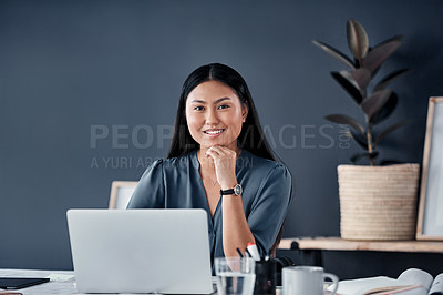 Buy stock photo Office, laptop and portrait of business Asian woman for working on proposal, online project and planning. Creative, professional consultant and person on computer for research, website and email