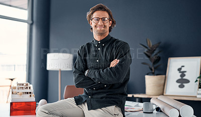 Buy stock photo Architect, man in portrait and arms crossed with pride in office, professional contractor and civil engineering. Construction, design and confidence in workplace with creative in property development