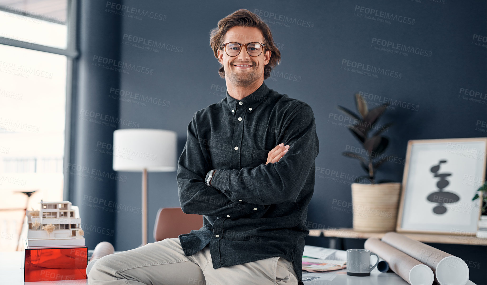 Buy stock photo Architect, man in portrait and arms crossed with pride in office, professional contractor and civil engineering. Construction, design and confidence in workplace with creative in property development
