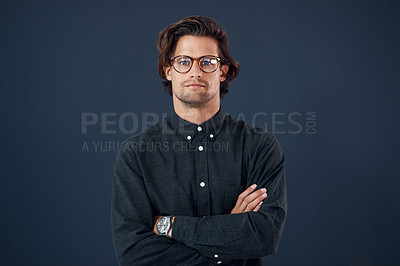 Buy stock photo Portrait, serious and business man with arms crossed isolated on office wall background mockup space. Glasses, entrepreneur and confident face of male accountant from Australia with pride for career.