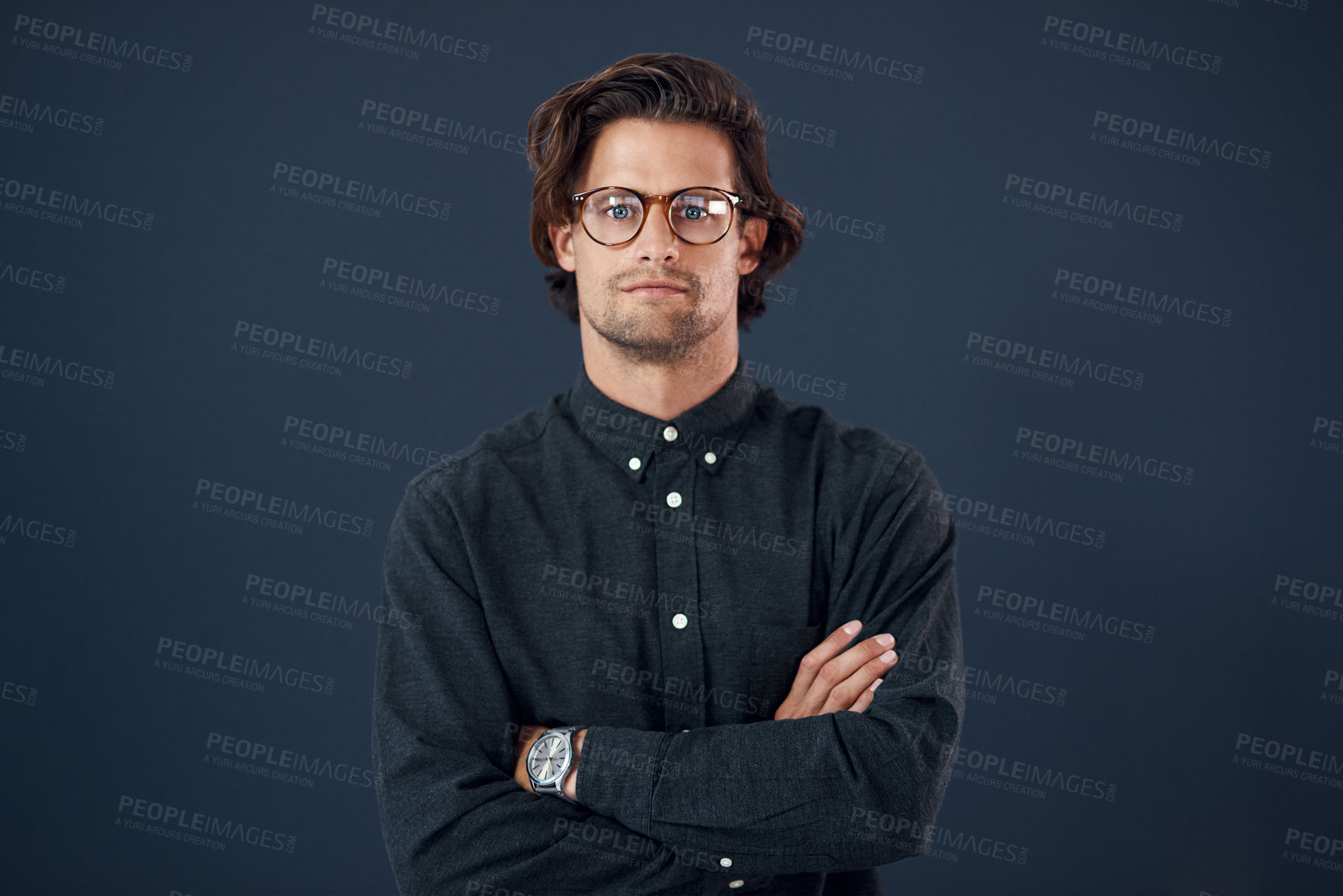 Buy stock photo Portrait, serious and business man with arms crossed isolated on office wall background mockup space. Glasses, entrepreneur and confident face of male accountant from Australia with pride for career.