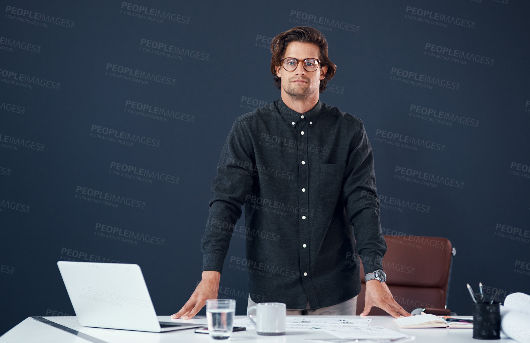 Buy stock photo Portrait, serious and business man, architect or professional in office by wall mockup space. Glasses, designer and confident face of male person from Australia with success mindset and pride for job