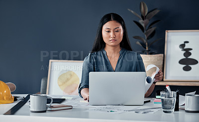 Buy stock photo Architecture, laptop and business Asian woman in office with design, floorplan and blueprint for building. Creative, engineer and person on computer for planning, research and construction project