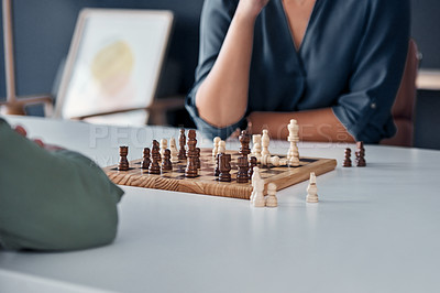 Buy stock photo Thinking, chess or business hands in office for planning, board game or movement strategy. Work, partnership or friends in workplace for brain, learning or creative visual problem solving solution