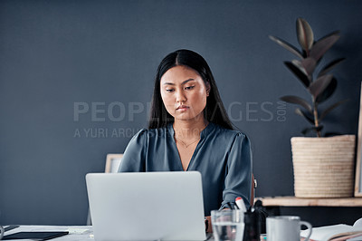 Buy stock photo Office, email and business Asian woman on laptop for working on proposal, online project and planning. Corporate, professional consultant and person on computer for research, website and contact
