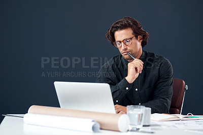 Buy stock photo Architecture, thinking and man with laptop, ideas and planning for creative building development with blueprint. Research, internet and architect with computer, paperwork and inspiration in office