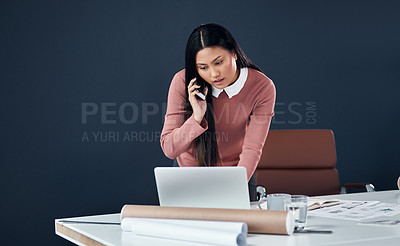 Buy stock photo Architecture, phone call and woman with laptop, conversation or research on creative ideas in building development. Networking, smartphone and architect on computer, paperwork or consulting in office