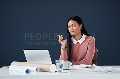 Buy stock photo Architecture, thinking and Asian woman with laptop, blueprint and insight for creative ideas in office. Research, internet and architect with computer, paperwork and building development inspiration.