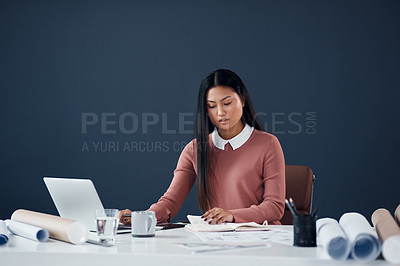 Buy stock photo Architecture, research and Asian woman with laptop, blueprint and creative ideas in building development. Notes, internet and female architect with computer, paperwork and reading notebook in office