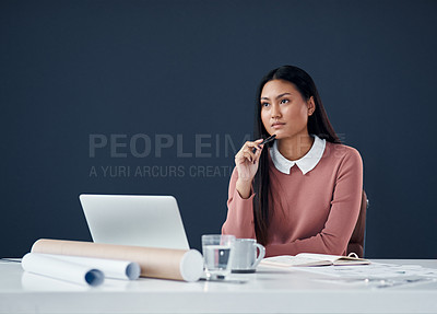 Buy stock photo Architecture, thinking and Asian woman with laptop, ideas and insight for creative planning in office. Research, internet and architect with computer, paperwork and building development inspiration.