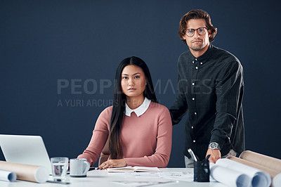 Buy stock photo Architecture, portrait and man with woman, laptop and blueprint for creative ideas in building development. Partnership, confidence and architect team with computer, paperwork and support in office