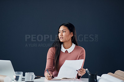 Buy stock photo Architecture, thinking and Asian woman with notes, blueprint and planning creative ideas in building development. Documents, inspiration and architect with notebook, paperwork and research in office
