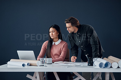 Buy stock photo Business people, architecture and partnership in office with laptop for planning, remodeling design and building ideas. Engineering, teamwork and technology, research or online for project management
