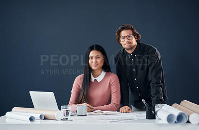 Buy stock photo Architecture, portrait and team with confidence, laptop and blueprint for creative ideas in building development. Partnership, man and woman architect with computer, paperwork and support in office