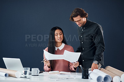 Buy stock photo Architecture, planning and man with woman, paperwork and blueprint for creative ideas in building development. Partnership, notes and architect team with computer, documents and opinion in office.