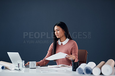 Buy stock photo Architecture, planning and Asian woman with laptop, blueprint and insight for creative ideas in office. Research, internet and architect with computer, paperwork and building development inspiration.