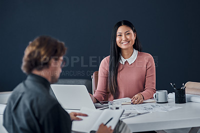Buy stock photo Architecture, meeting and portrait of business people with laptop, consulting and creative ideas in office. Partnership, man and woman architect with computer, collaboration and confident in planning
