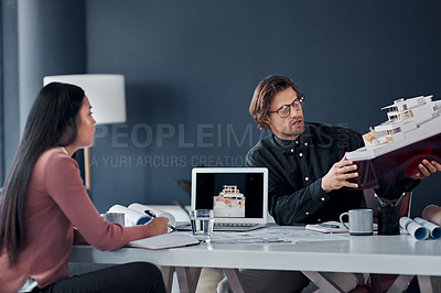 Buy stock photo Architect, people and discussion in office with model of house with brainstorming, solution or creativity. Man, woman and partnership at property development agency with teamwork, advice or project