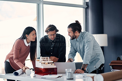 Buy stock photo Architect, team and meeting with laptop for discussion, design or planning for construction at office. Group of creative employees or civil engineers brainstorming on computer for building or startup