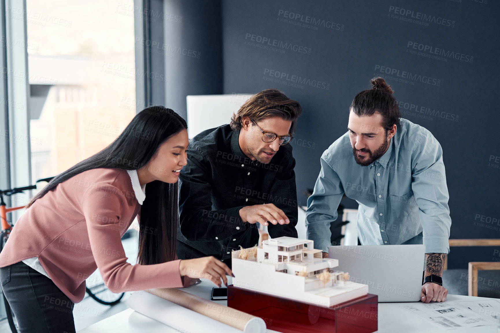 Buy stock photo Woman, men and planning in creative workspace for design, collaboration and blueprint for engineering. Architecture, house and teamwork in office for meeting, strategy and project with diversity