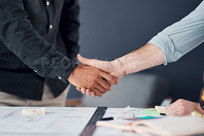 Buy stock photo Welcome, handshake or business people in office for deal, offer or contract negotiation. Building, blueprint or men shaking hands for architect hiring, support or floor plan, success or collaboration