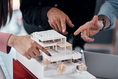 Buy stock photo Hands, architect group and model of building with pointing for ideas, advice or planning for construction. People, engineering and property developer team in office with vision, design or creativity