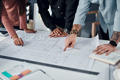Buy stock photo Architecture, collaboration or hands with blueprint in office for creative, innovation or design decision. Construction, floor plan or engineer team with documents for building, project or compliance