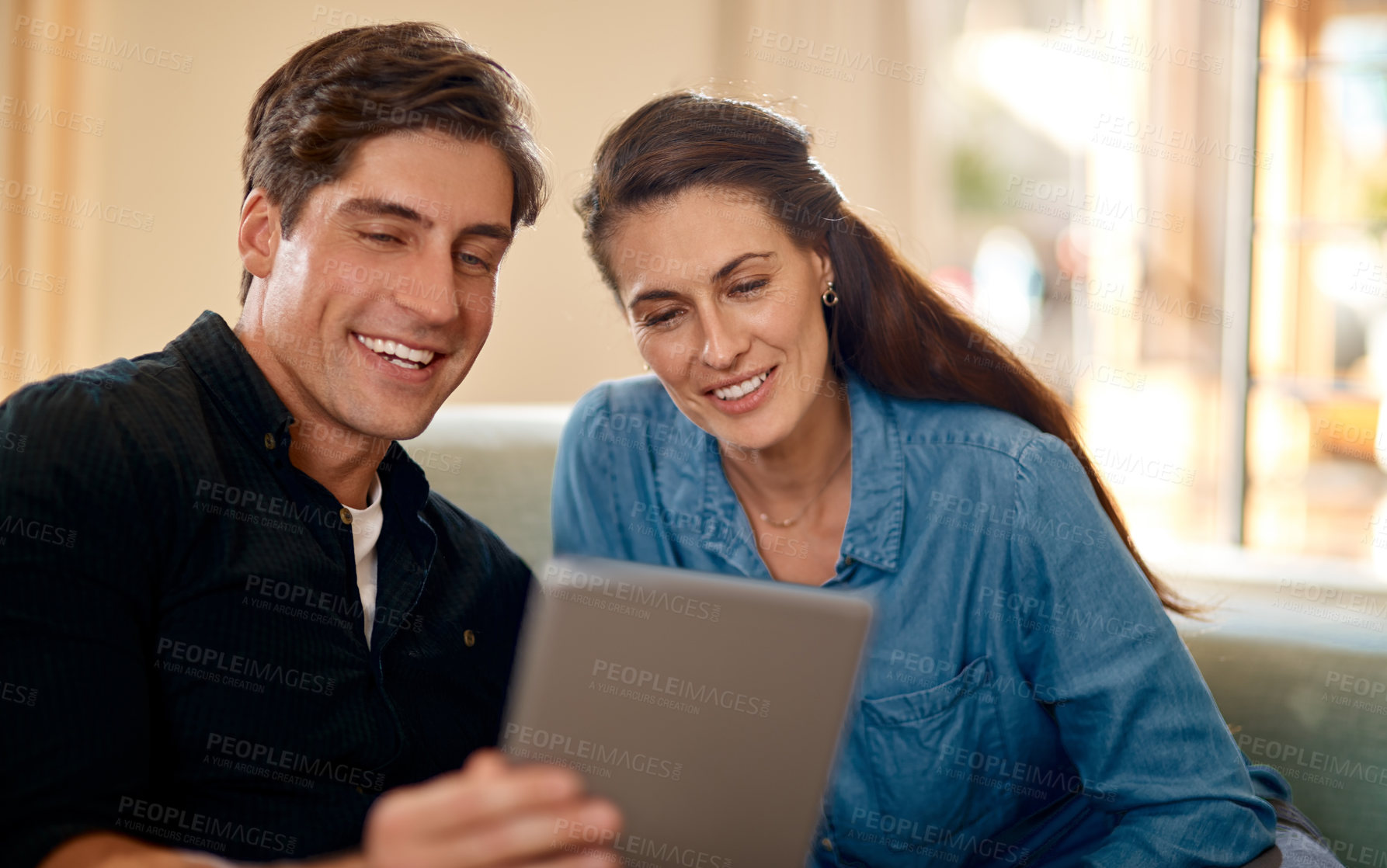Buy stock photo Planning, couple and tablet to research in home with ideas for property, development or real estate. Mortgage, loan and people talk about marriage finance, budget or reading rent application on app