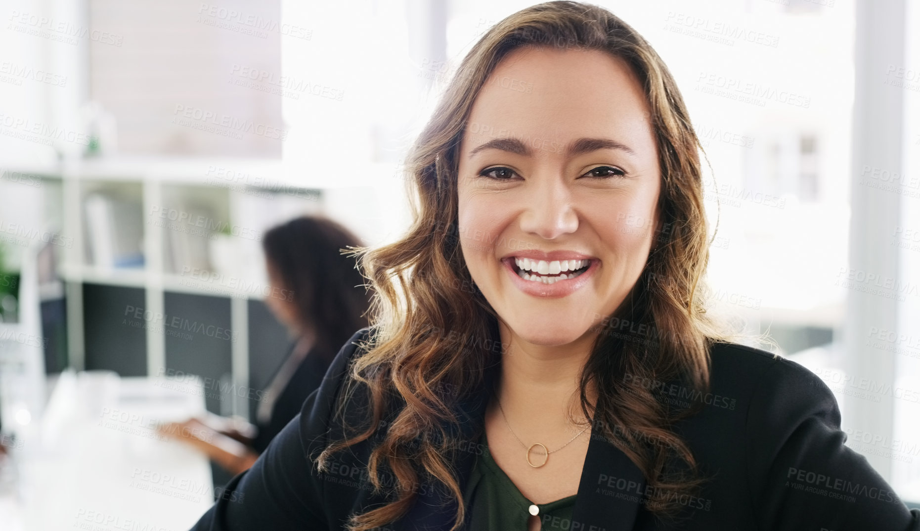 Buy stock photo Ambition, portrait and smile of business woman in workplace for development or management. About us, confident and friendly with happy employee person in coworking office for job satisfaction