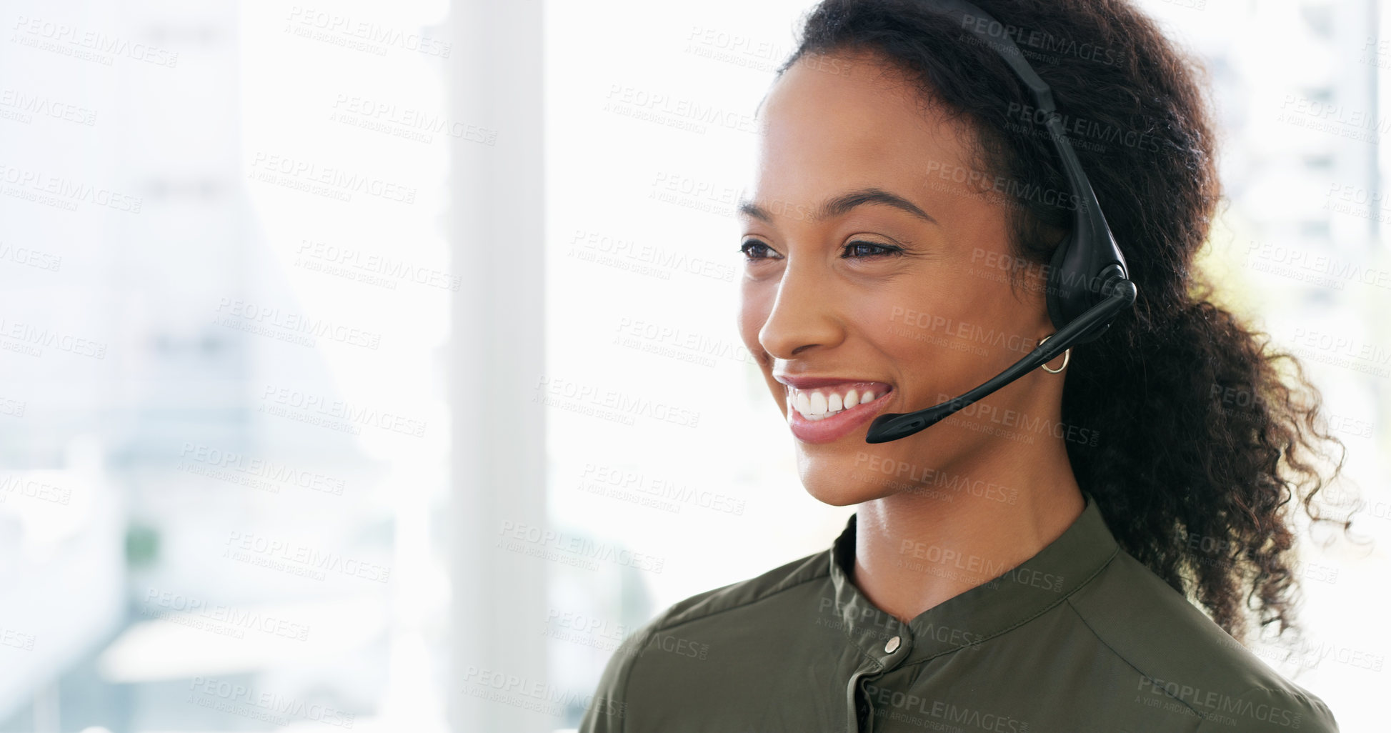 Buy stock photo Shot of a young woman using a headset in a modern office