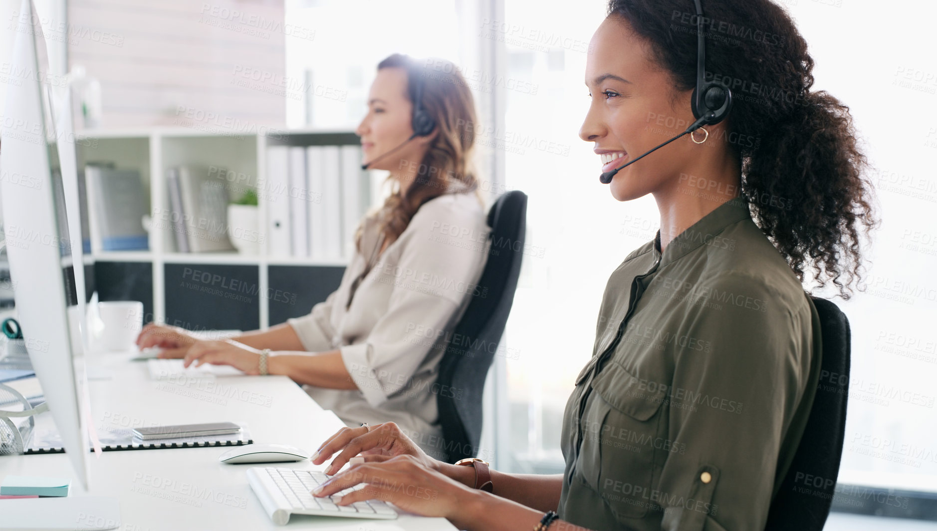 Buy stock photo Women, smile or talk in callcenter for customer service, telemarketing or problem solving in office. Female consultant, advice or tech at desk for feedback, communication or technical support in city