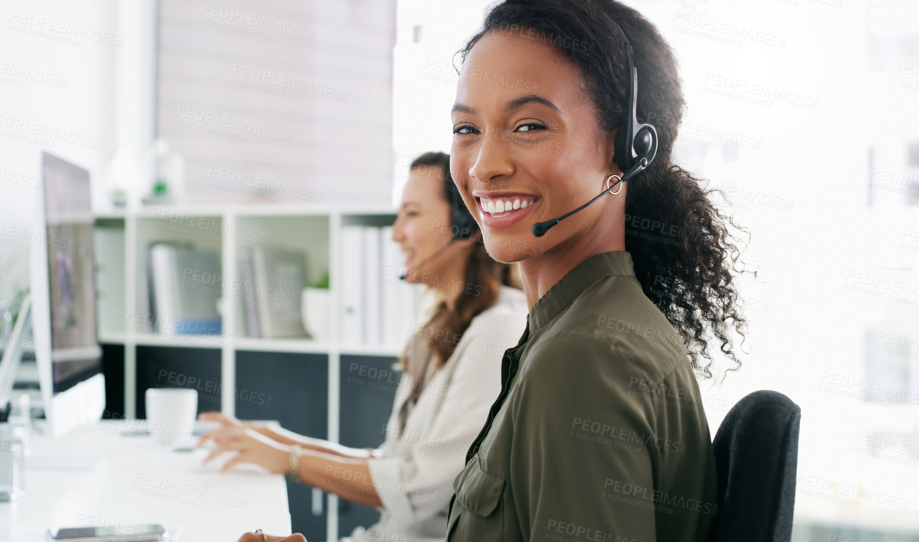 Buy stock photo Woman, portrait and smile in call center for customer care, telemarketing or advice in office. Female consultant, happy or headset at help desk with team, communication or technical support with tech