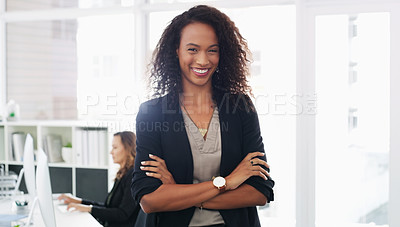 Buy stock photo Portrait of a confident young businesswoman working in a modern office with her colleague in the background