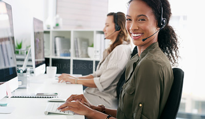 Buy stock photo Woman, portrait and happy in call center for customer support, telemarketing and FAQ in office. Female consultant, smile and headset at help desk with team, communication and consultation with tech