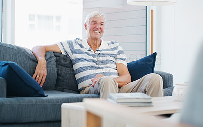 Buy stock photo Shot of a senior man relaxing on the sofa at home