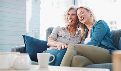 Buy stock photo Shot of a young woman spending quality time with her mother at home