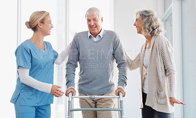 Buy stock photo Caregiver, walking and old man with walker, assistance and senior couple with love and elderly patient with disability. Clinic, nurse and grandpa with wife, wellness and compassion for healthcare