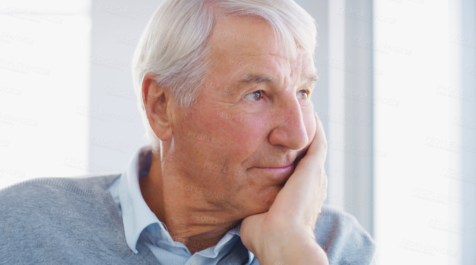 Buy stock photo Thinking, senior and bored man in home with idea, nostalgia or remember past in retirement. Thoughts, daydream and elderly person in house with reflection, mindset and perspective with memory