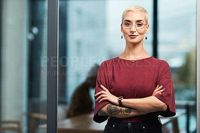 Buy stock photo Woman, portrait and arms crossed in office, journalist and fashion reporter at publishing agency. Female person, creative business and confident in workplace, welcome and job hiring opportunity