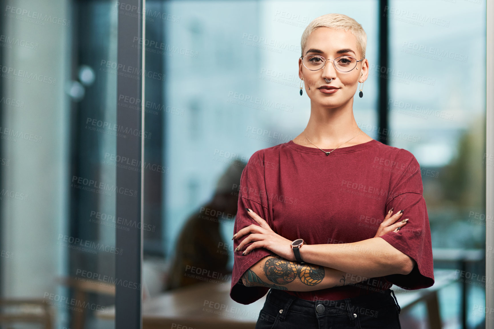 Buy stock photo Woman, portrait and arms crossed in office, journalist and fashion reporter at publishing agency. Female person, creative business and confident in workplace, welcome and job hiring opportunity