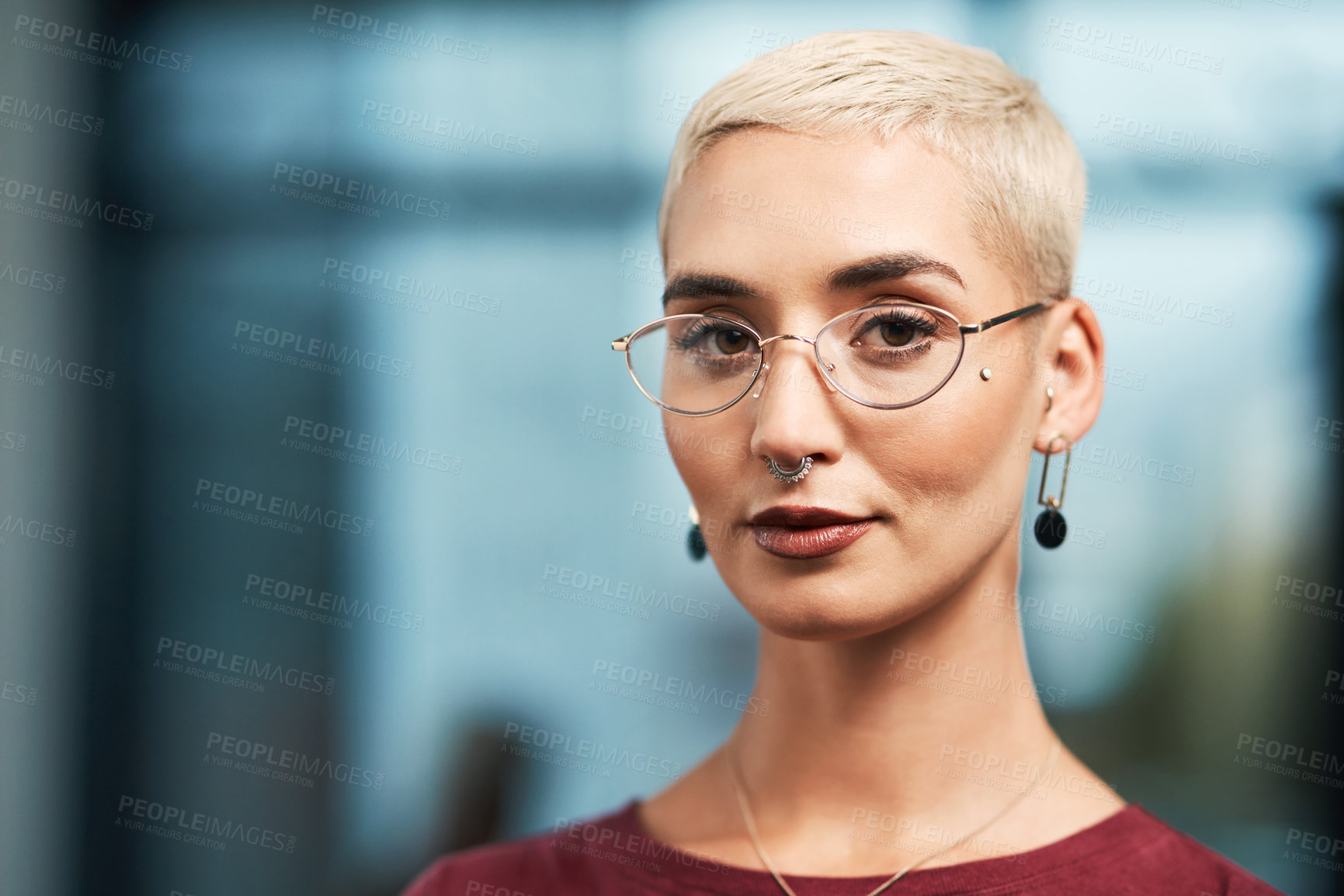 Buy stock photo Glasses, startup and portrait of businesswoman in office with positive attitude for creative career. Eyewear, magazine and female art director from London with piercings and spectacles at agency.