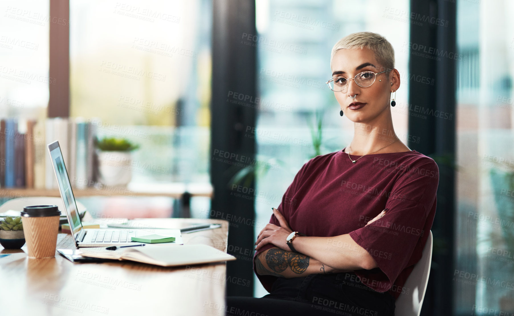 Buy stock photo Crossed arms, confident and portrait of businesswoman in office with creative project for magazine. Serious, glasses and female art director with pride for career at startup company in London.