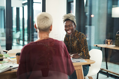 Buy stock photo Office, happy or women laughing in meeting after planning growth strategy ideas with teamwork together. Smile, black woman or business friends speaking of a funny joke about employees or workers 