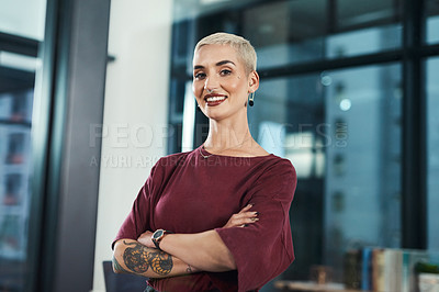 Buy stock photo Woman, portrait and arms crossed in office, welcome and fashion reporter at publishing agency. Female person, creative business and confident in workplace, professional and job hiring opportunity